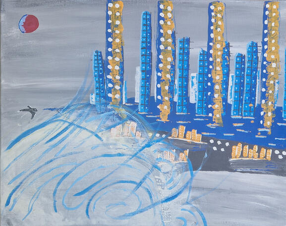 Floating city against storm acrylic surreal l.bertrand